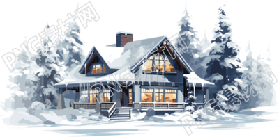 雪地上的寧靜小屋2D平面圖插畫