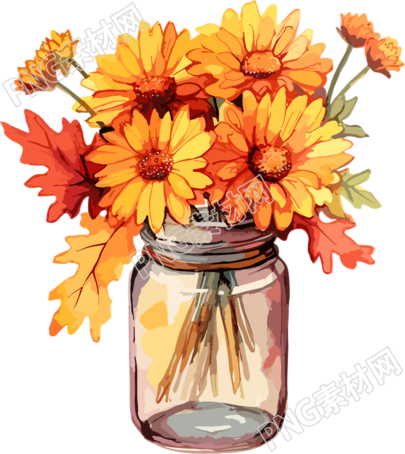 秋花玻璃瓶中的简易水彩插画