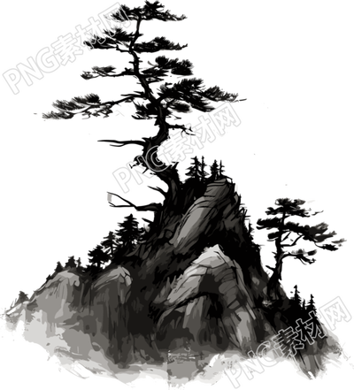 高山松樹山脈枝葉中國(guó)風(fēng)墨畫白底插圖