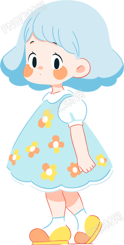 藍(lán)色連衣裙的可愛小女孩插畫