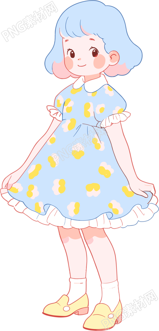小女孩迷人的蓝裙子插画