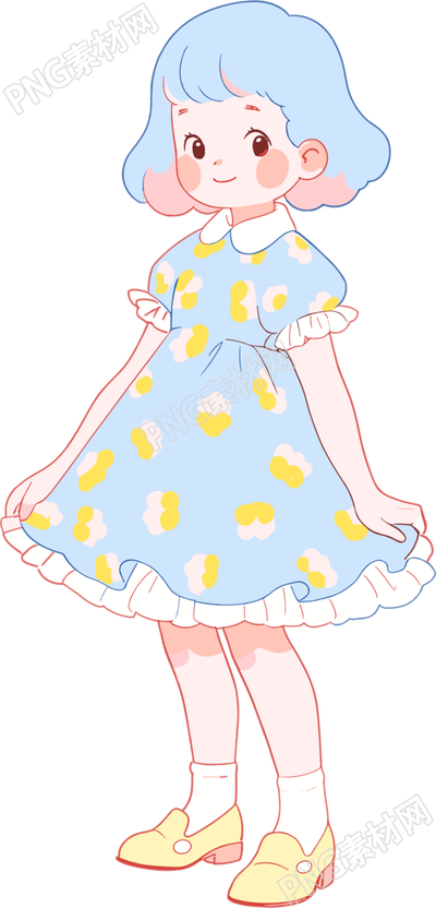 小女孩迷人的藍(lán)裙子插畫
