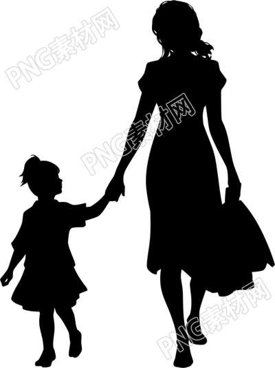 母女手牽手黑色輪廓插畫