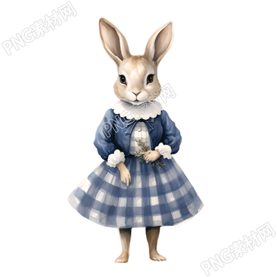 復古風兔子藍格連衣裙插畫