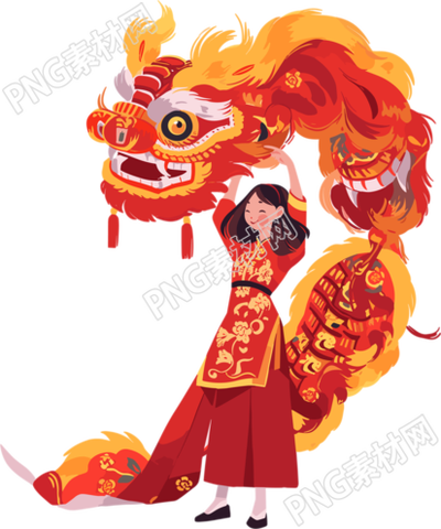 舞獅的旗袍少女插圖