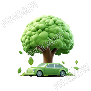 3D環(huán)保汽車與附近的樹圖標(biāo)素材