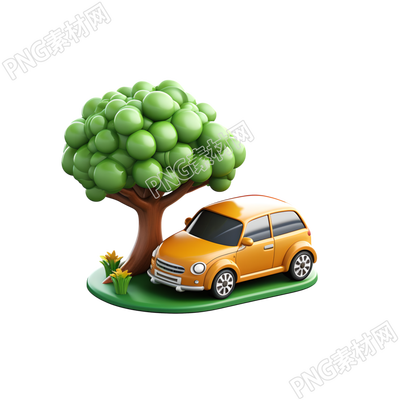 3D環(huán)保汽車和附近的樹插畫