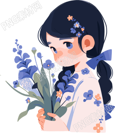 拿著花的小女孩兒童插圖素材