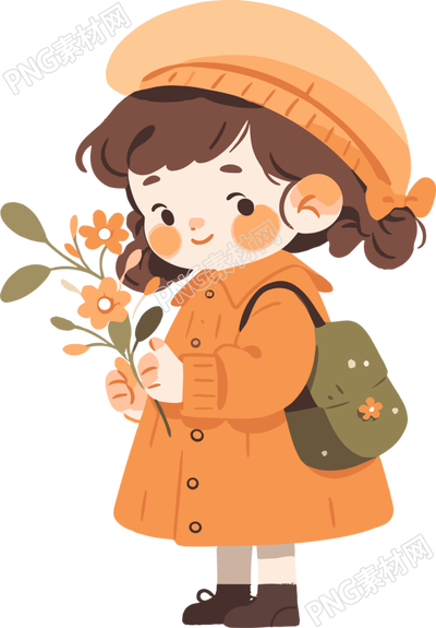 拿著花的小女孩手繪插畫