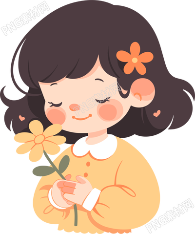 拿著花的小女孩可愛風插畫
