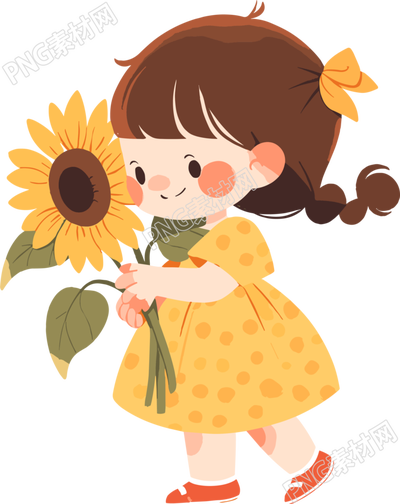 拿著花的小女孩高清PNG插圖