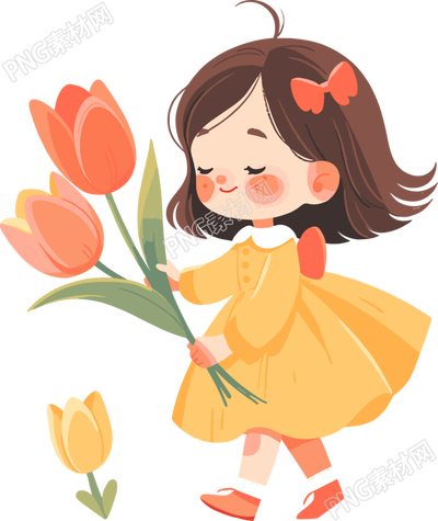 拿著花的小女孩插圖