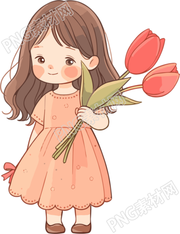 拿著花的小女孩插畫