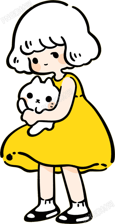 卡通小女孩與小白貓插畫