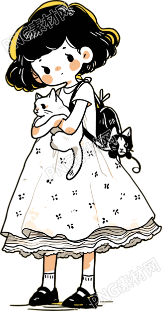 卡通小女孩白色小貓圖形素材