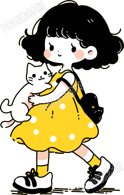 卡通小女孩白色小猫创意商业插画