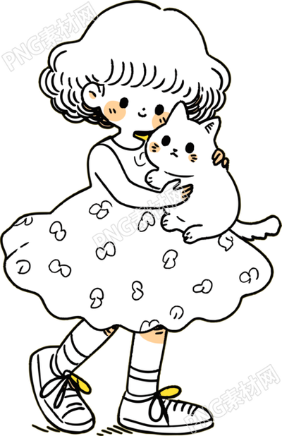 卡通小女孩和白色小貓插畫