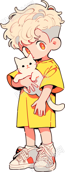 卡通小男孩和貓貓插圖