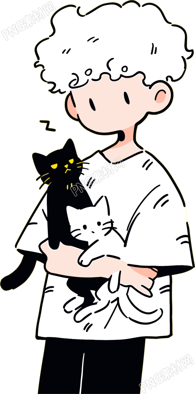 卡通小男孩和小猫插图
