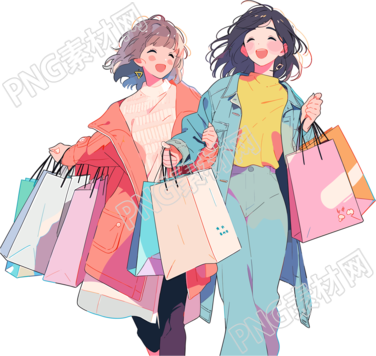 時尚女孩購物彩色插圖