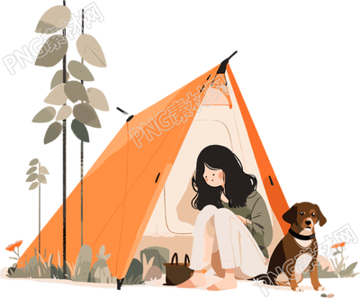 女孩狗狗露營插圖
