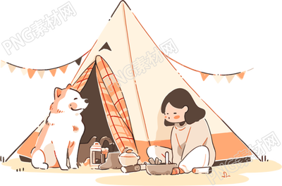 女孩狗狗露營彩色插畫