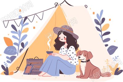 女孩狗狗露營PNG高清透明背景素材