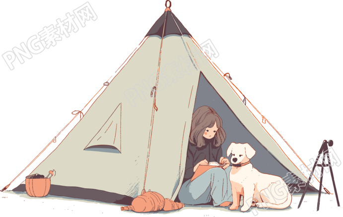 女孩狗狗露营简约色彩插画