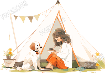 女孩狗狗露營PNG插圖