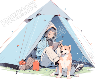 女孩狗狗露营彩色插画设计素材