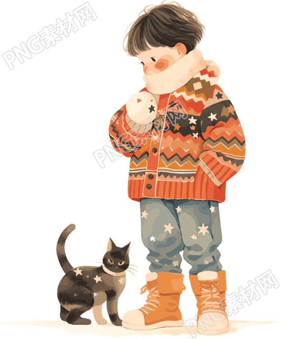 男孩和猫冬日装扮插画