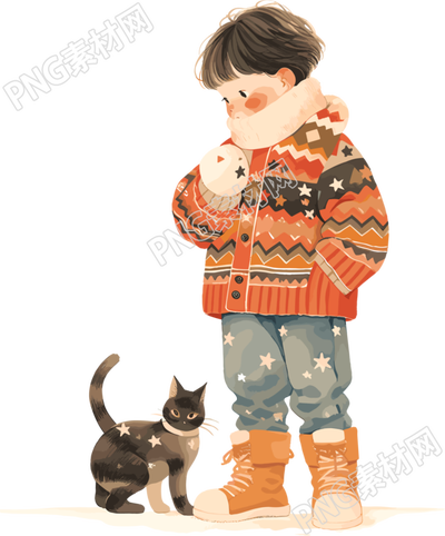 男孩和貓冬日裝扮插畫