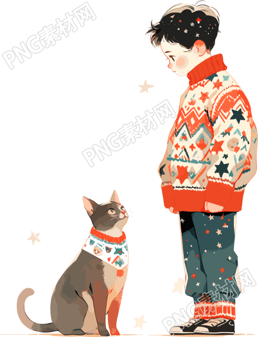 男孩和猫服装插画