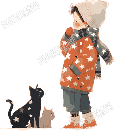 男孩和貓星星圖案插畫