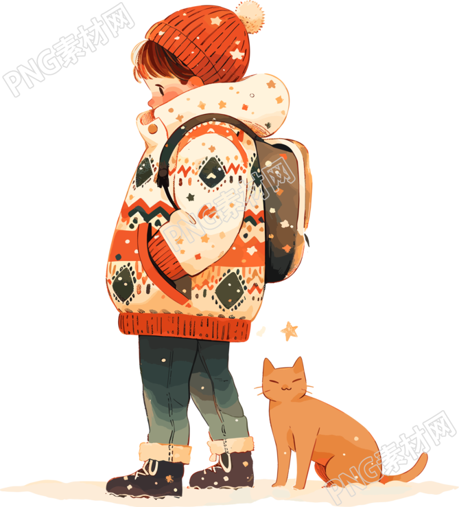 冬日男孩和猫奇妙插图