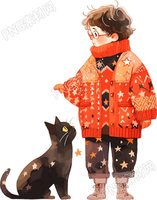 星星毛衣男孩和猫素材
