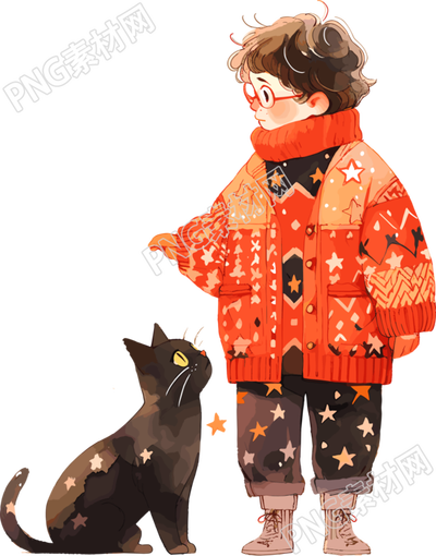 星星毛衣男孩和貓素材
