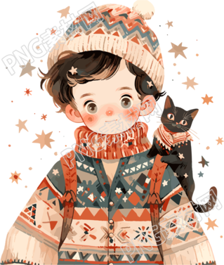 男孩和猫高清PNG插画设计