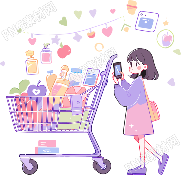 手机购物女孩PNG透明背景素材