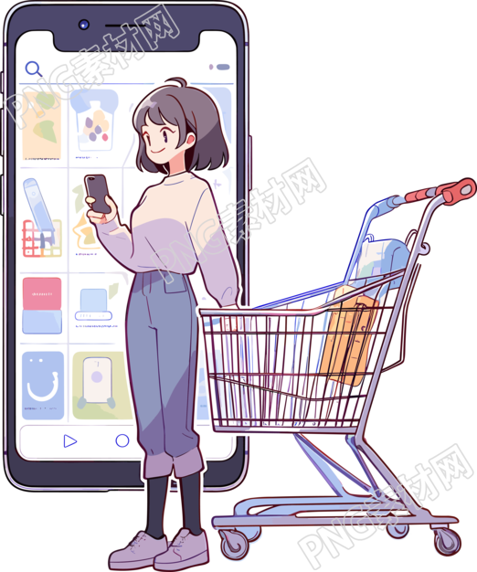 手机购物女孩白色矢量插画