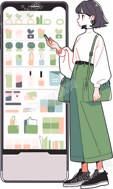 手機(jī)購(gòu)物女孩彩色插圖