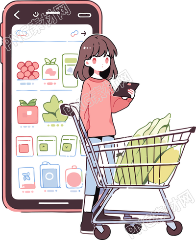 手機購物女孩高清PNG圖形插畫