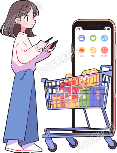 手機購物女孩簡約時尚插圖