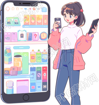 手機購物女孩彩色插畫設計元素