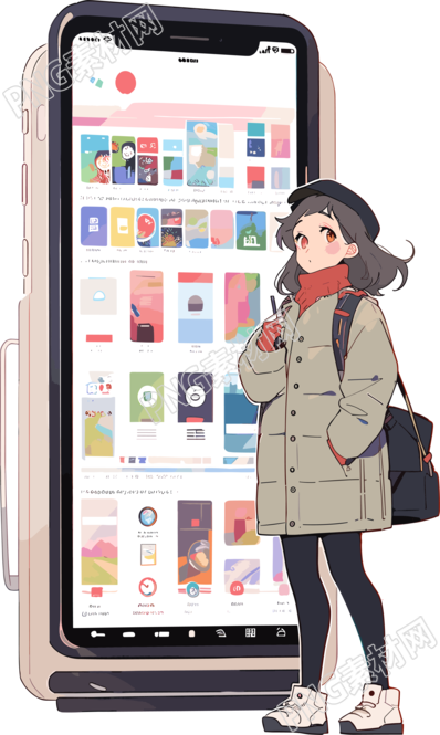 手機購物女孩卡通插畫設計