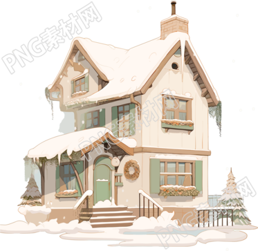 雪地小屋2D平面商业插画
