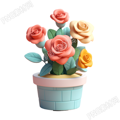 3D玫瑰花盆插圖