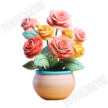 3D玫瑰花盆透明背景插图