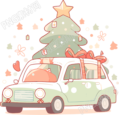 圣誕樹和車柔和色彩插畫