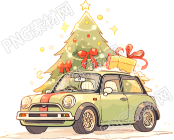 圣誕樹和車卡通貼紙插畫
